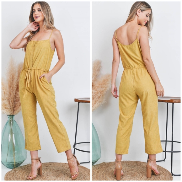BLUE BLUSH Chic Mustard Woven Sueded Spaghetti Straps Jumpsuit - Picture 4 of 6